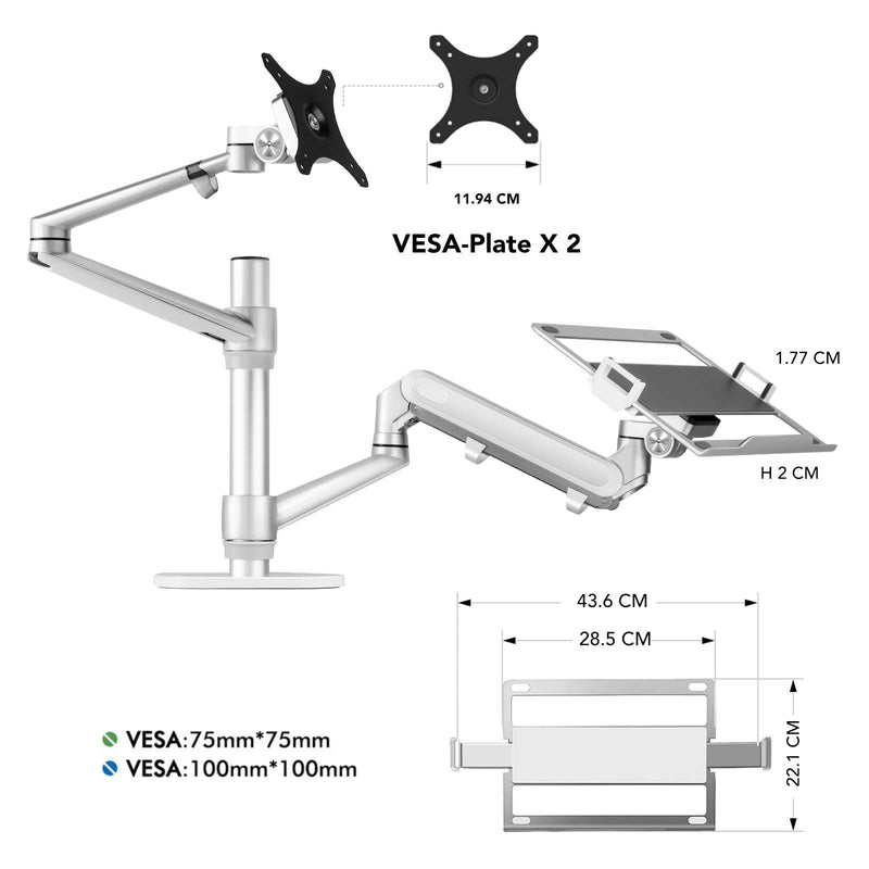 Alberenz® braccio per monitor laptop con molla a gas argento