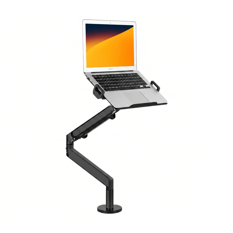 Alberenz gas spring laptop arm, dark grey: front view with a laptop