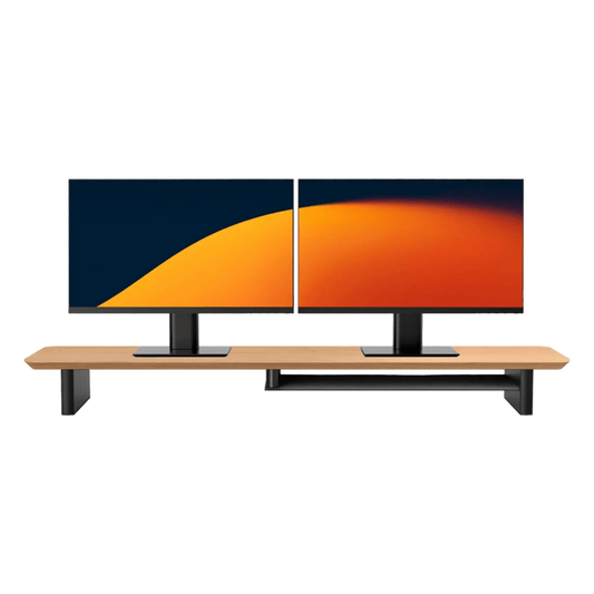 Alberenz oak monitor riser with two screens, front view on a white background