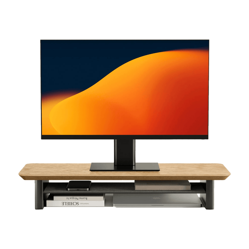 Alberenz oak monitor riser for one screen, front view on white